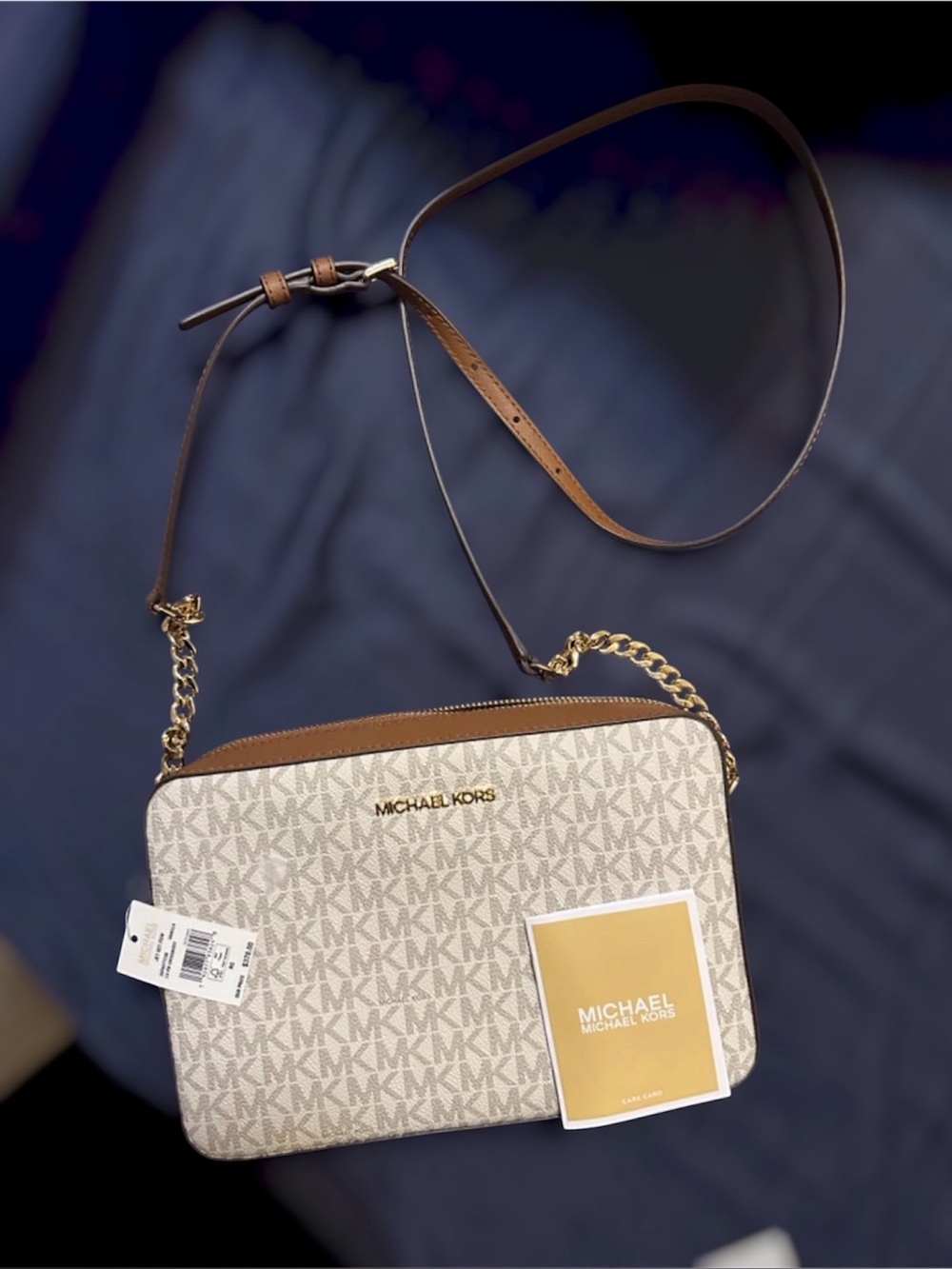 Michael Kors Beige Signature Crossbody with Brown Trim and Gold Hardware